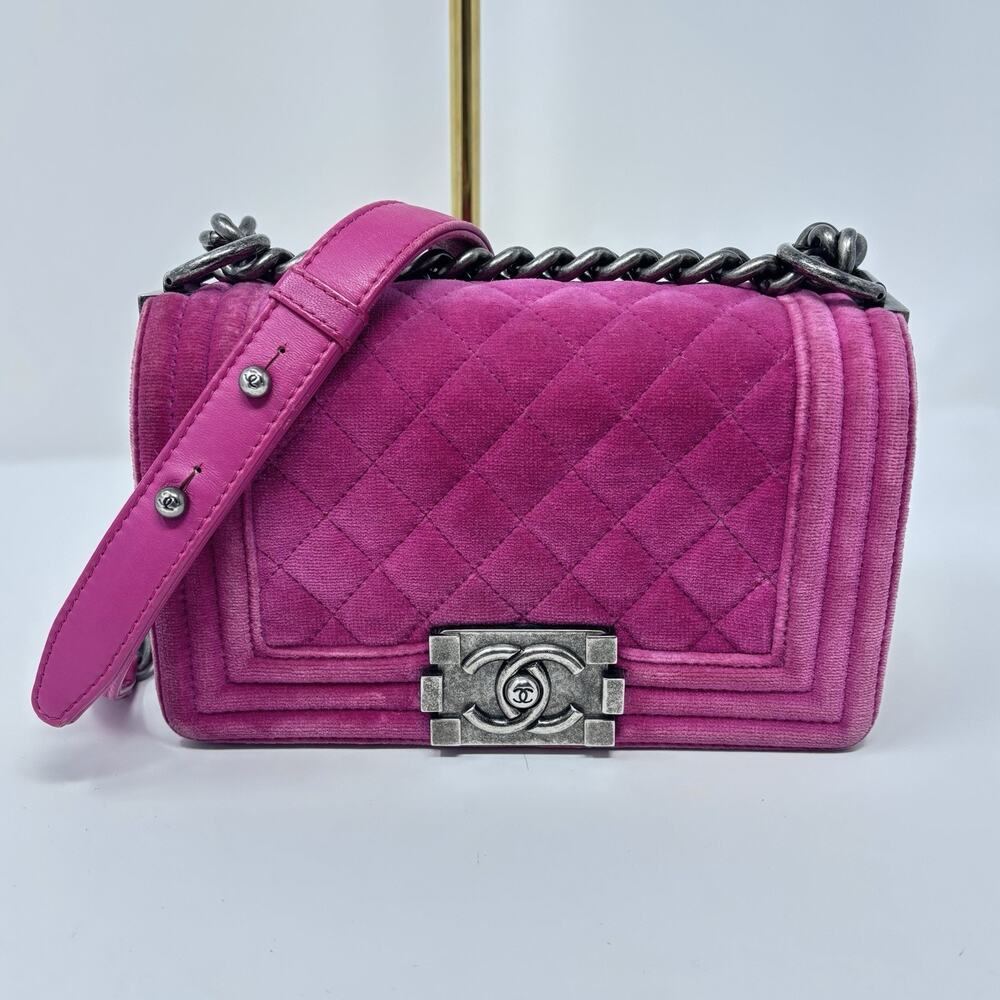 CHANEL Boy Bag Quilted Velvet Magenta Pink Gunmetal Hardware Small